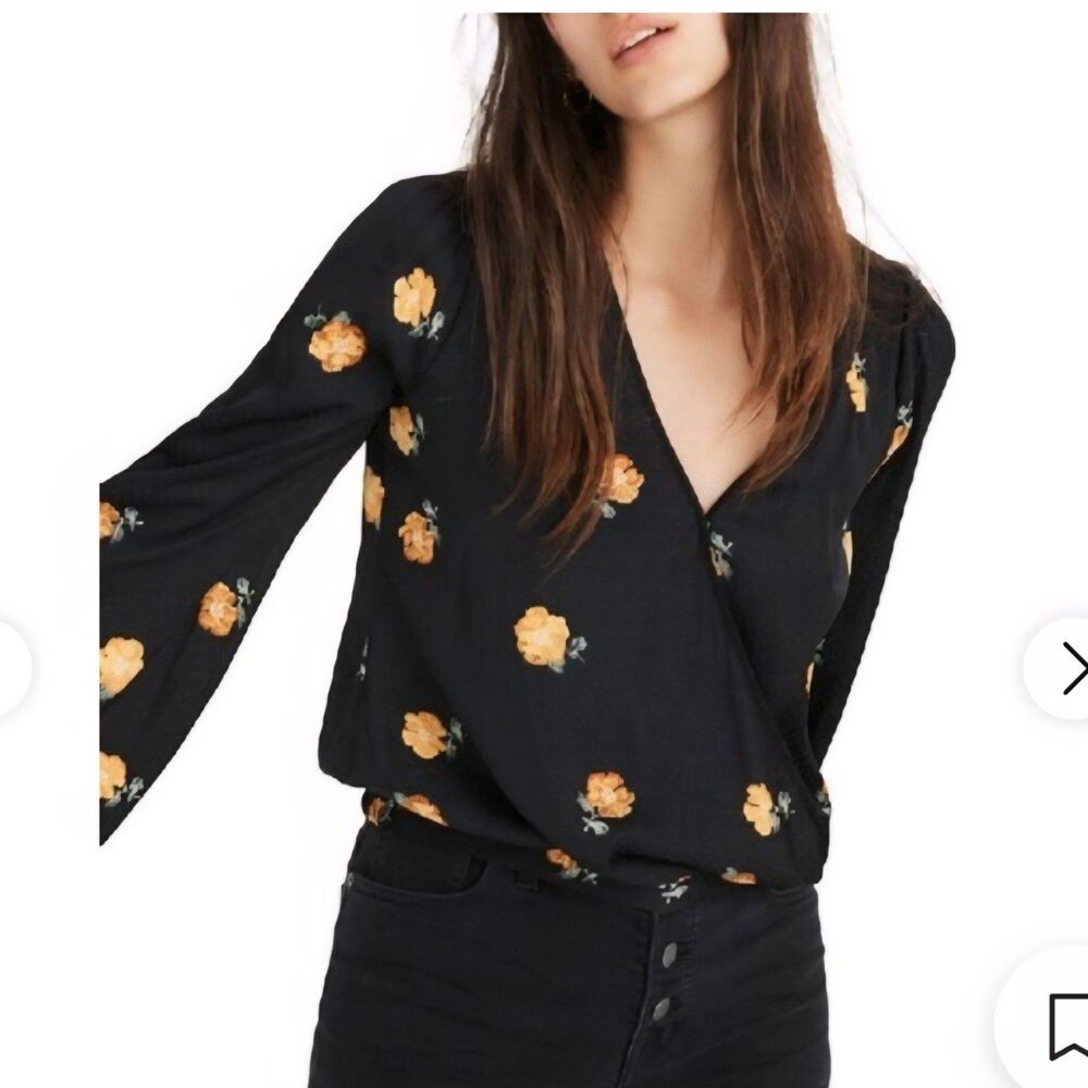 Madewell Bubble Sleeve Wrap Top S Black Yellow Floral Swiss Dot Dark Coquette